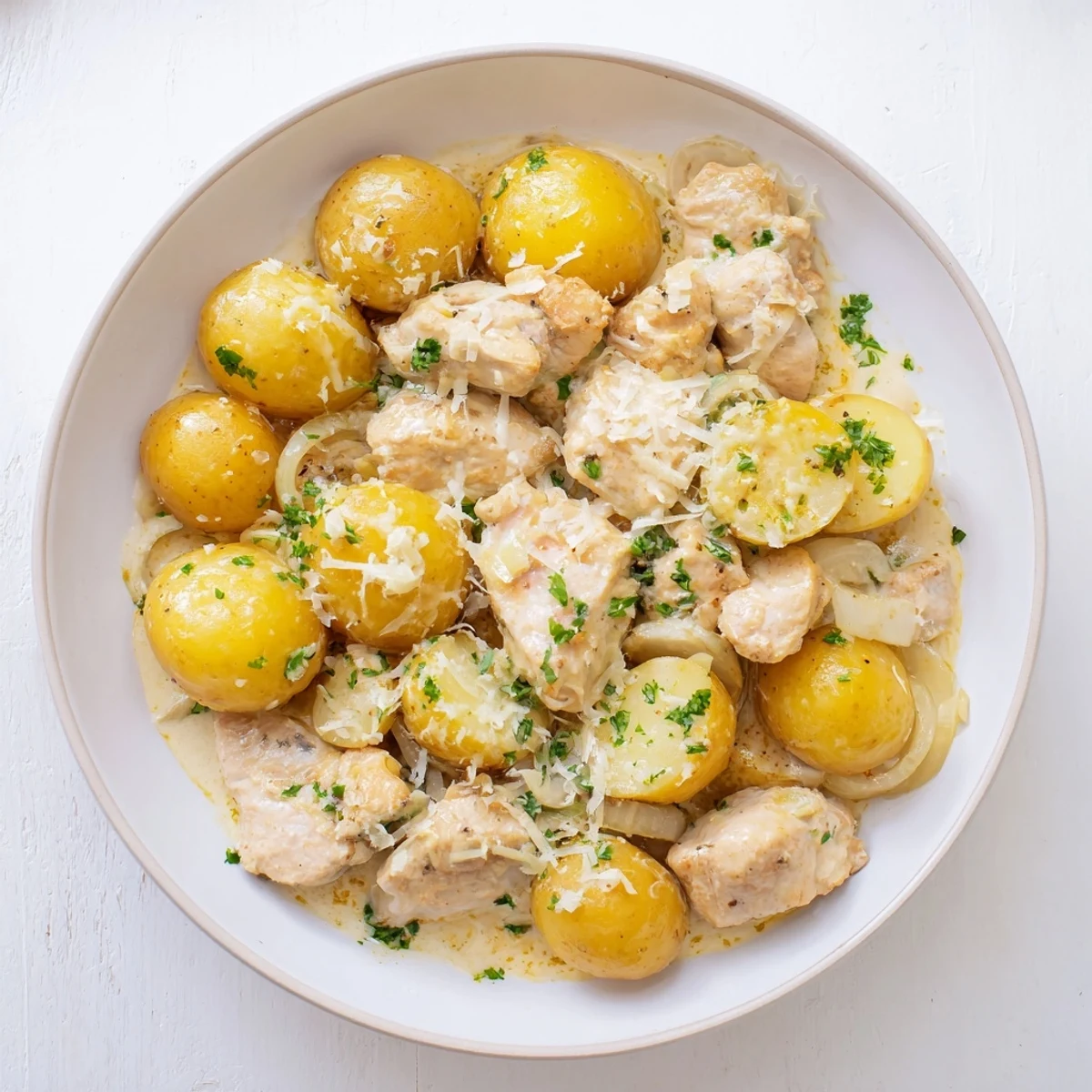 Creamy Slow Cooker Garlic Parmesan Chicken with baby potatoes, garnished with fresh parsley and extra cheese