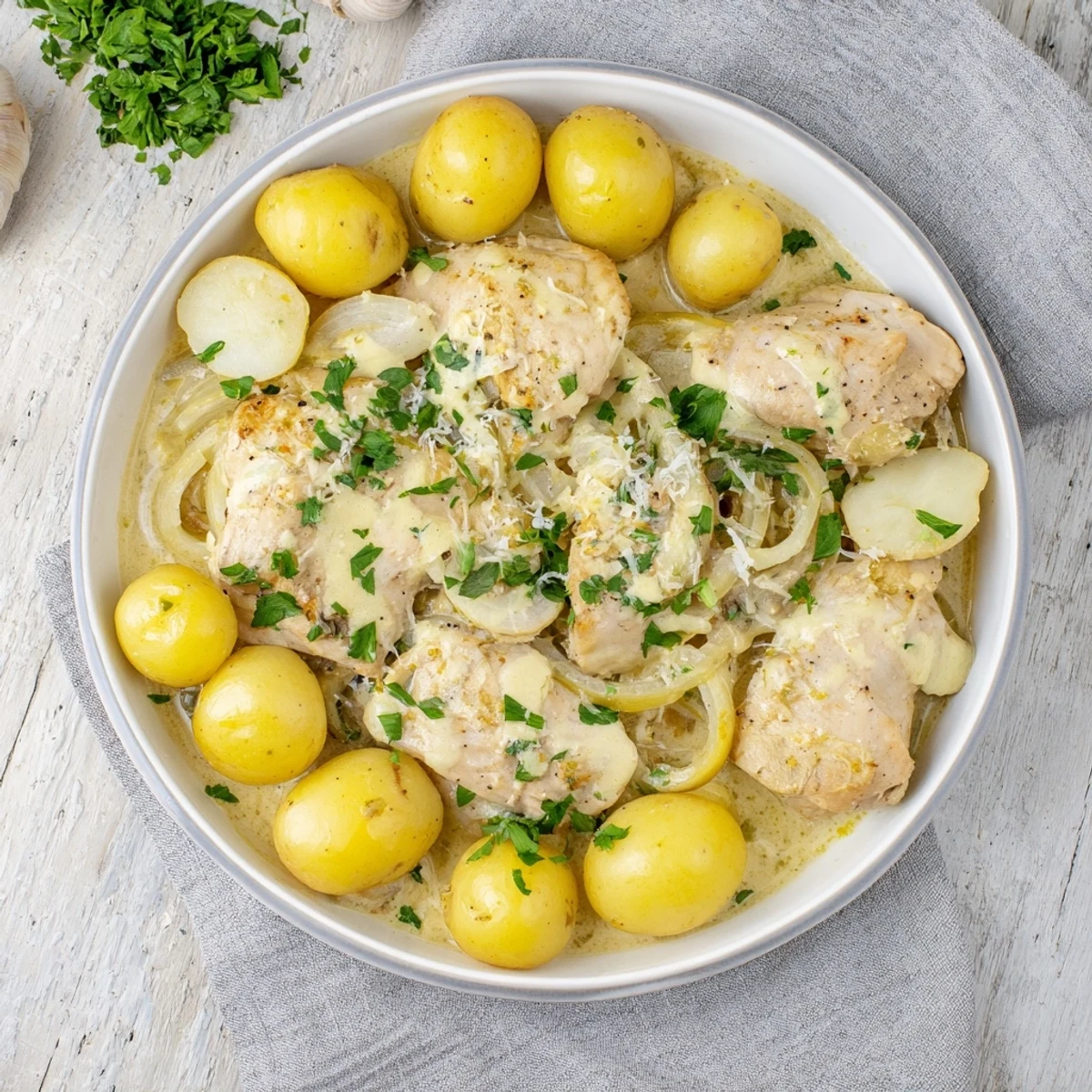 Comforting one-pot meal featuring seasoned chicken and roasted potatoes in a savory garlic cheese sauce