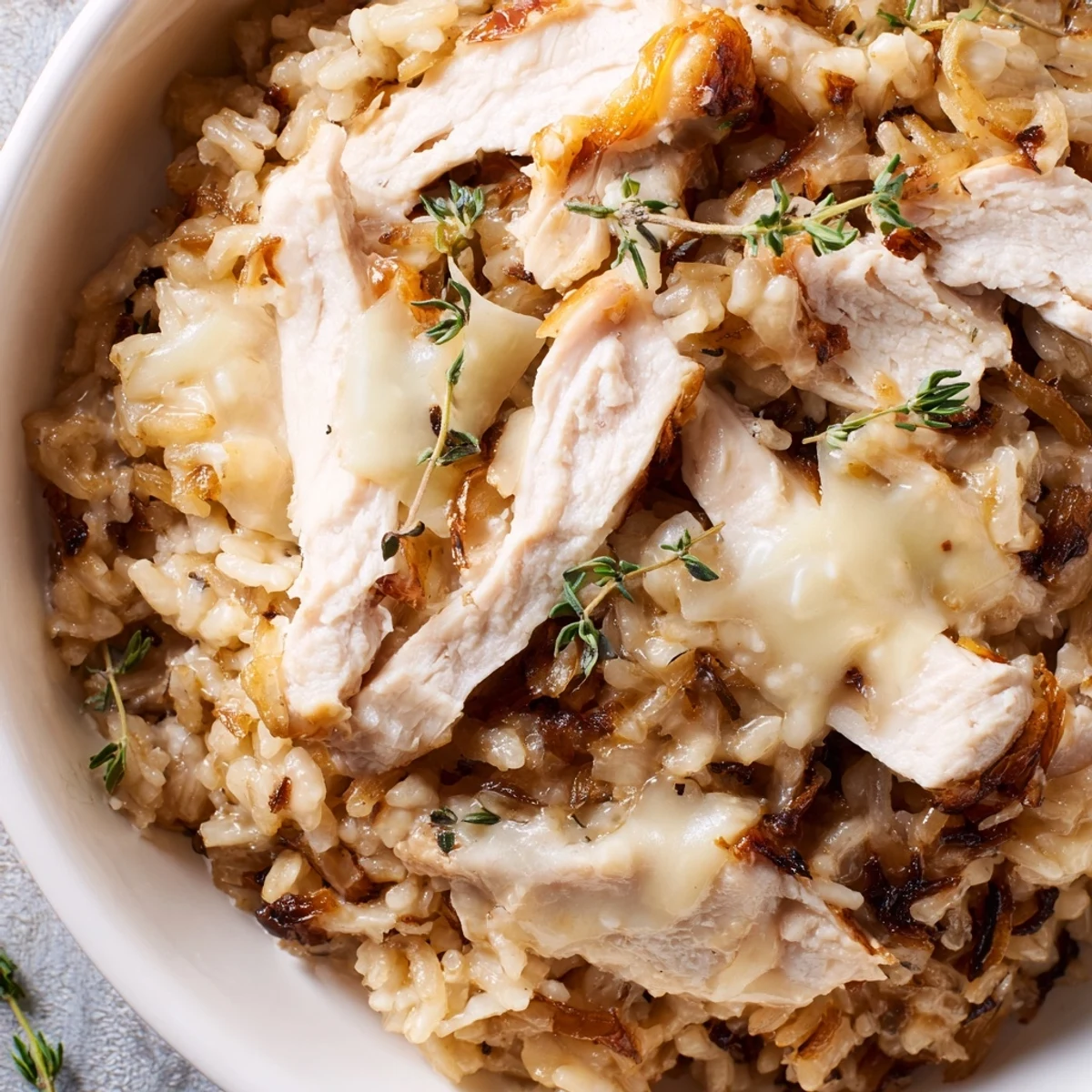 Golden brown chicken breasts nestled in creamy French onion chicken rice with melted Gruyère cheese topping