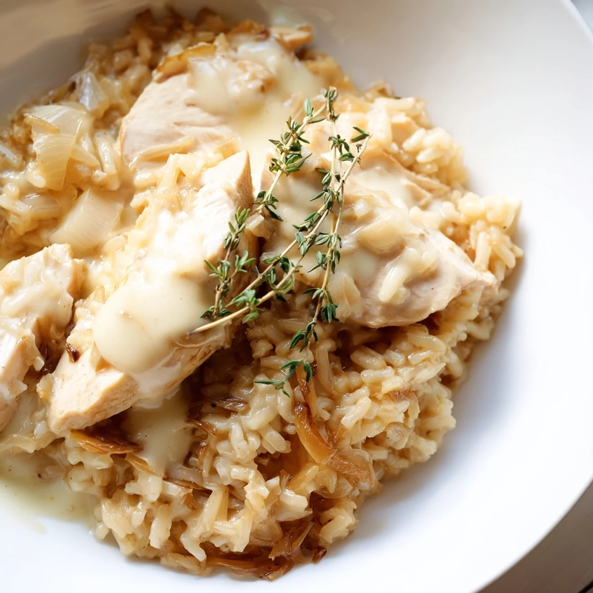 Steaming bowl of savory French onion chicken rice featuring tender chicken and caramelized onions in rich sauce