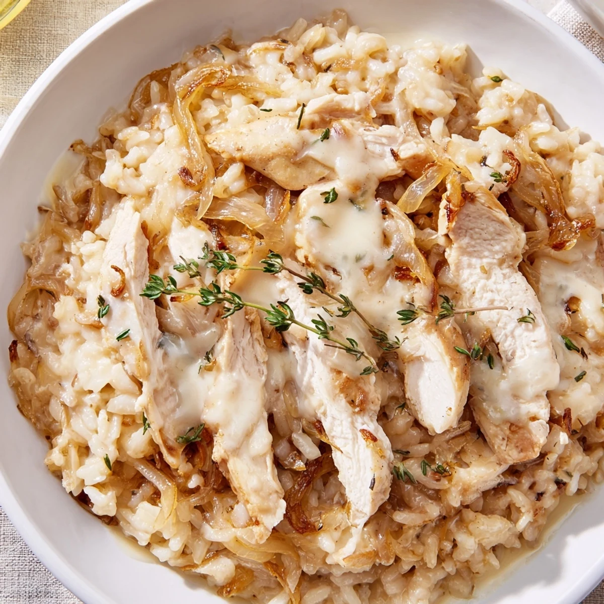 Close-up of creamy French onion chicken rice with shredded cheese melting over golden seared chicken pieces