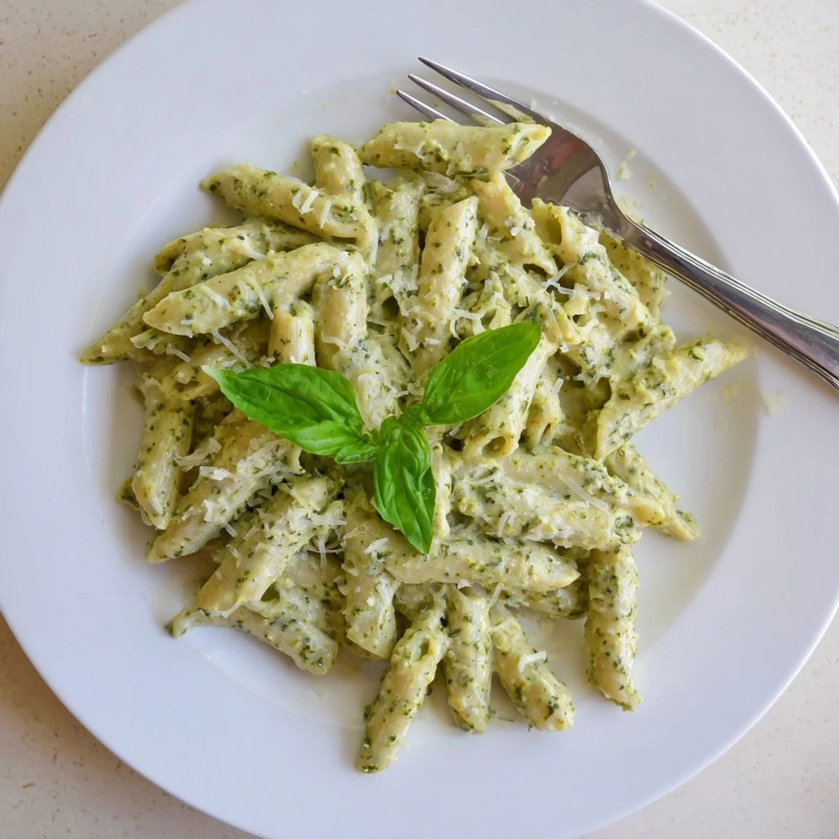 Bowl of luscious creamy pesto pasta garnished with fresh basil leaves for serving