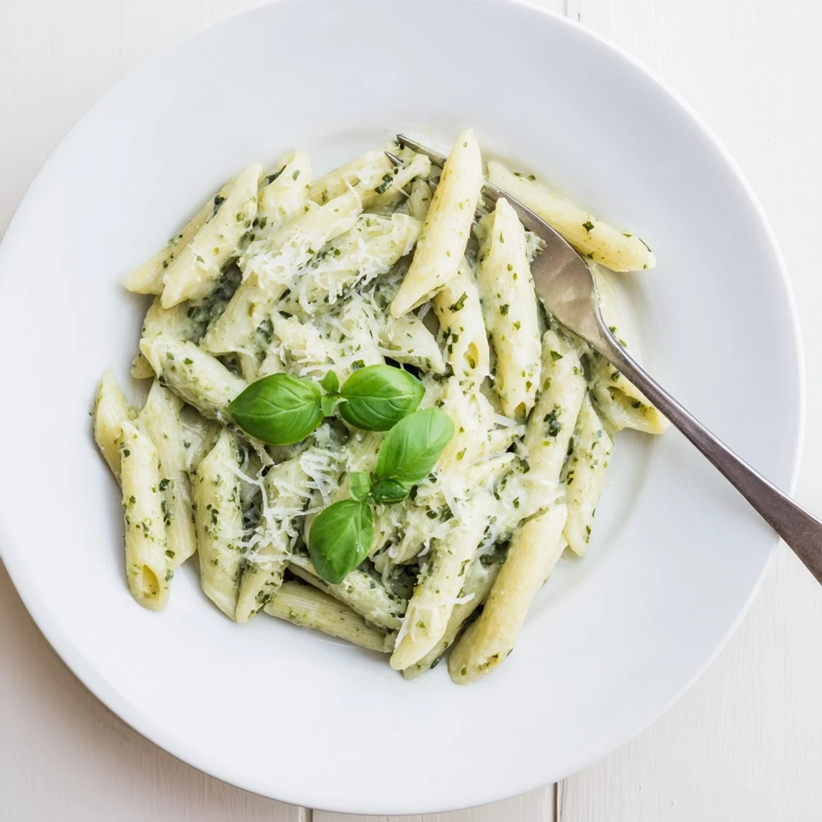Steaming plate of creamy pesto pasta coated in velvety homemade basil sauce