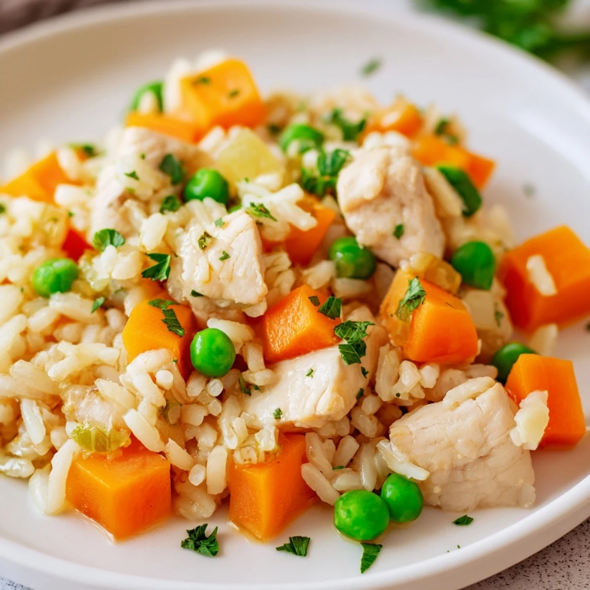 Comforting one-pot chicken and rice meal with fluffy grains and savory broth