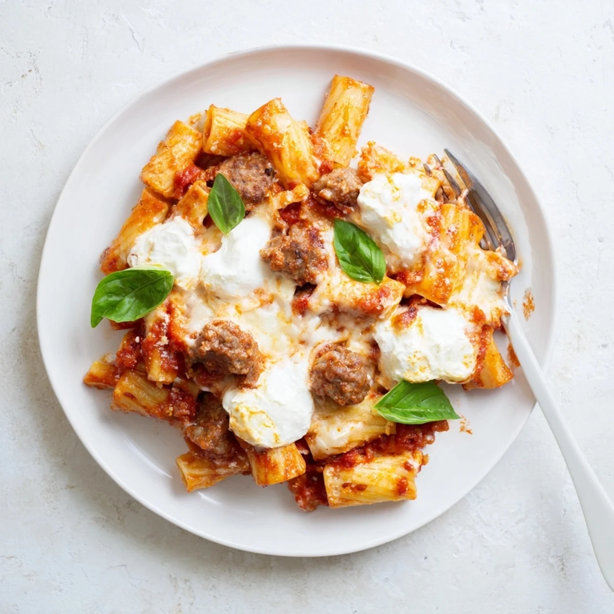 Slow cooker baked ziti with melted mozzarella and Italian sausage in a rich tomato sauce