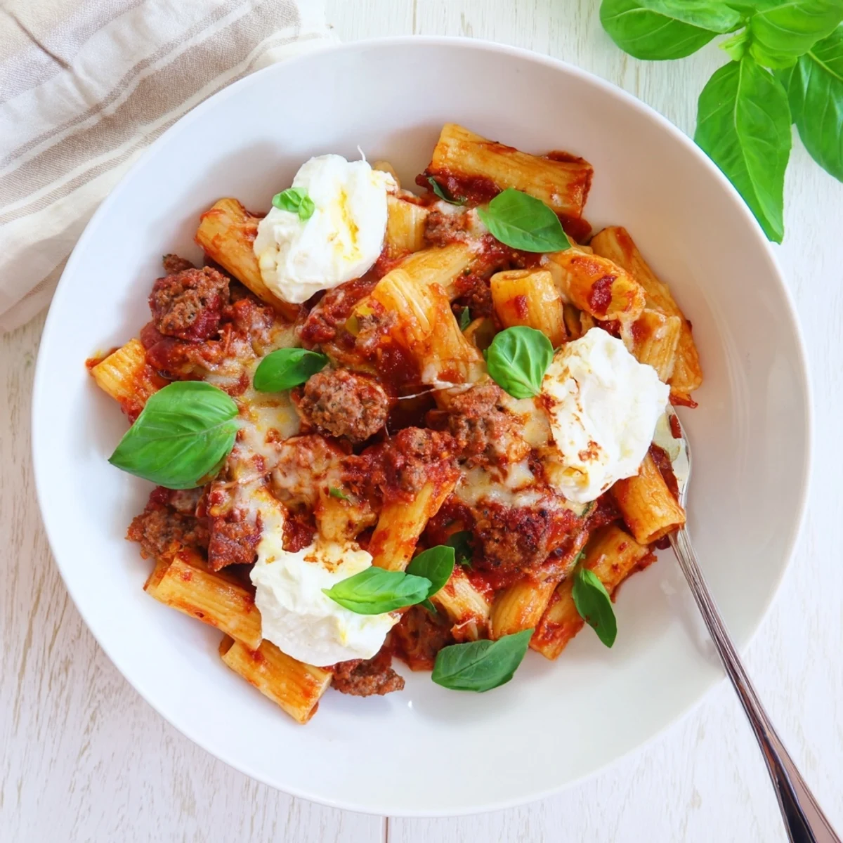Golden cheesy baked ziti with bubbling mozzarella topping served fresh from the slow cooker