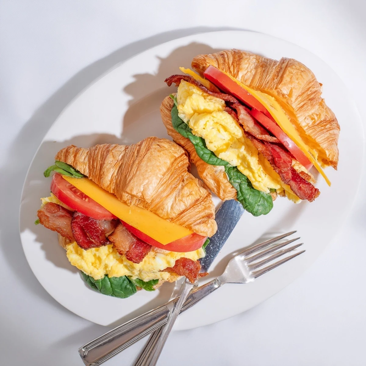 Golden croissant breakfast sandwiches stacked with fluffy scrambled eggs, crispy bacon, and melted cheddar cheese on a wooden board