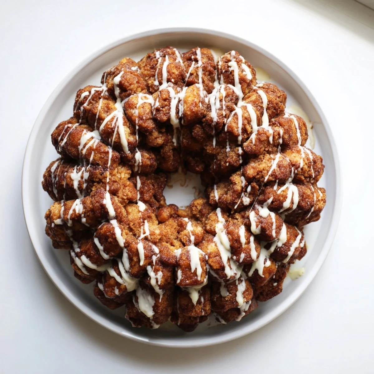 Pull-apart high protein no sugar monkey bread drizzled with vanilla yogurt glaze on serving plate