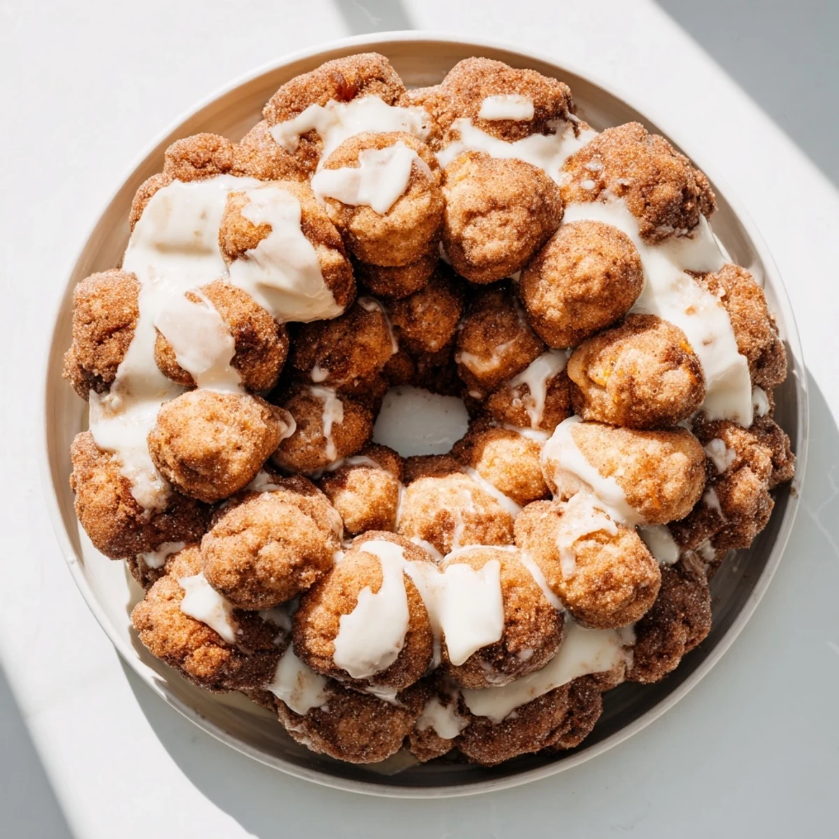 Warm high protein no sugar monkey bread pieces coated in buttery cinnamon sugar mixture