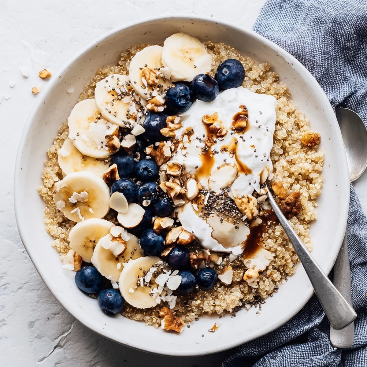 Blueberry quinoa breakfast bowl topped with fresh berries, banana slices, and crunchy almonds in a white ceramic bowl