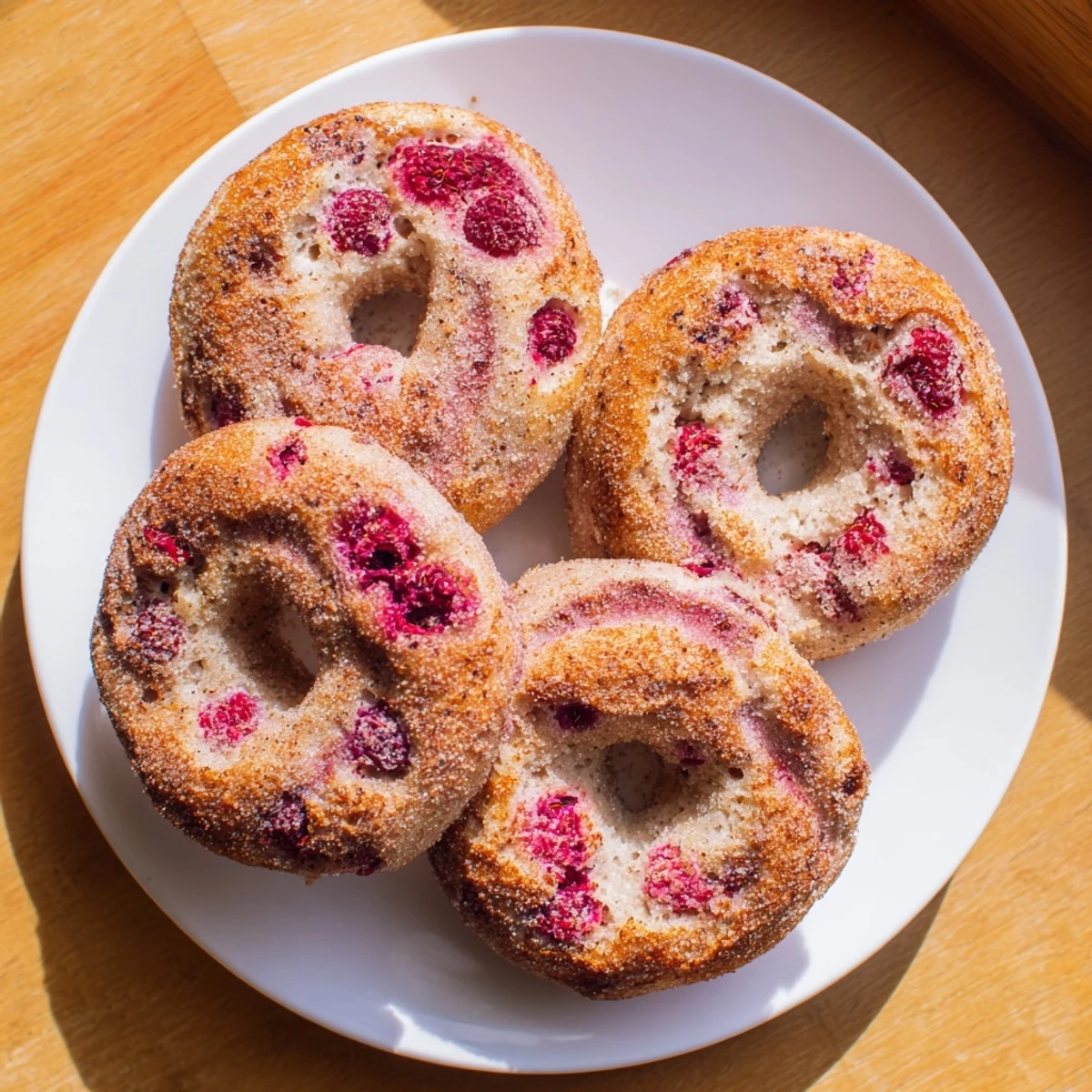 Warm raspberry sourdough bagels cooling after baking with golden tops and juicy fruit pieces