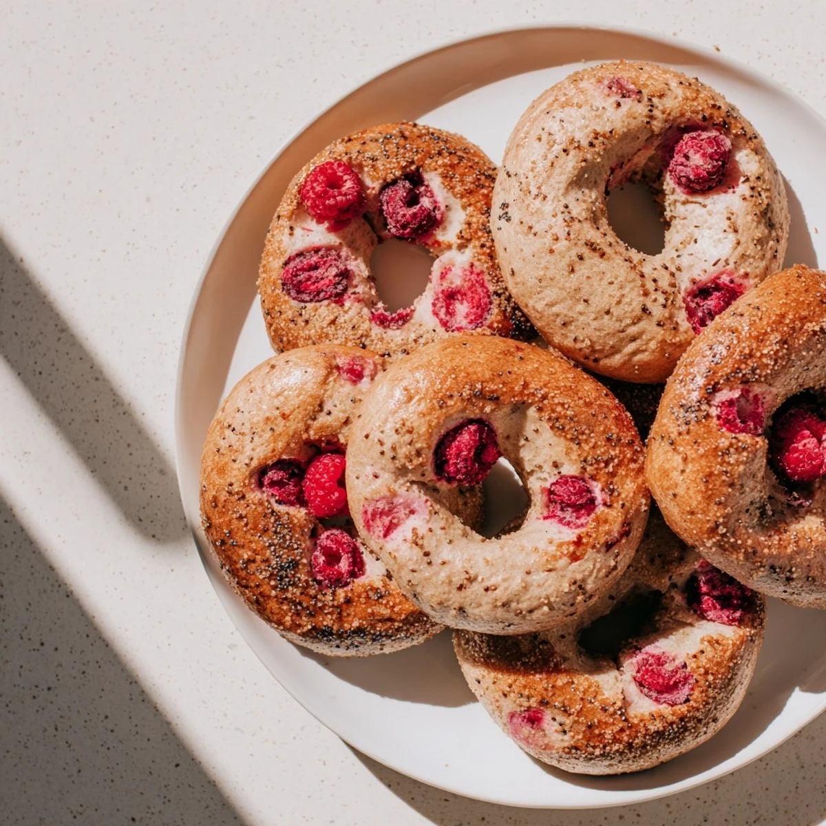 Freshly baked raspberry sourdough bagels with red berry speckles throughout the chewy crust
