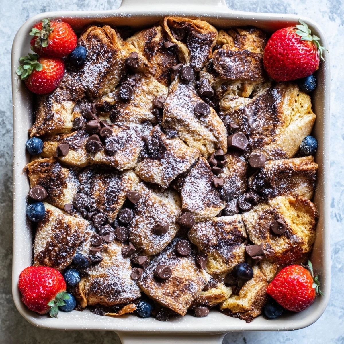 Golden chocolate croissant breakfast bake with melted chocolate chips and powdered sugar dusting
