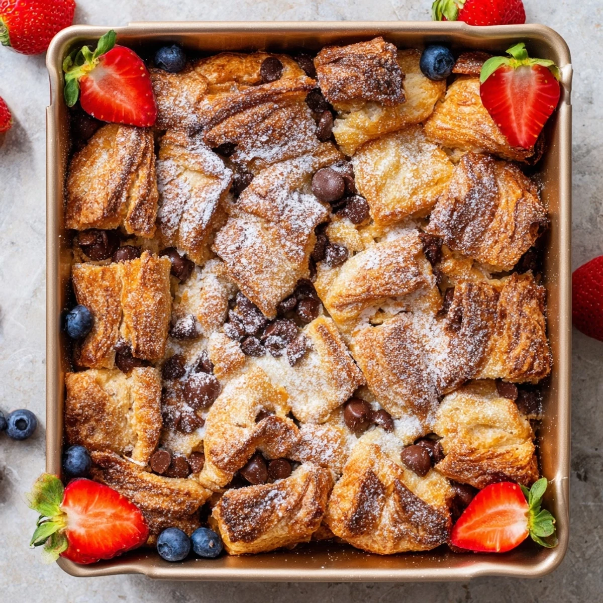 Warm chocolate croissant breakfast bake served with fresh berries and whipped cream topping