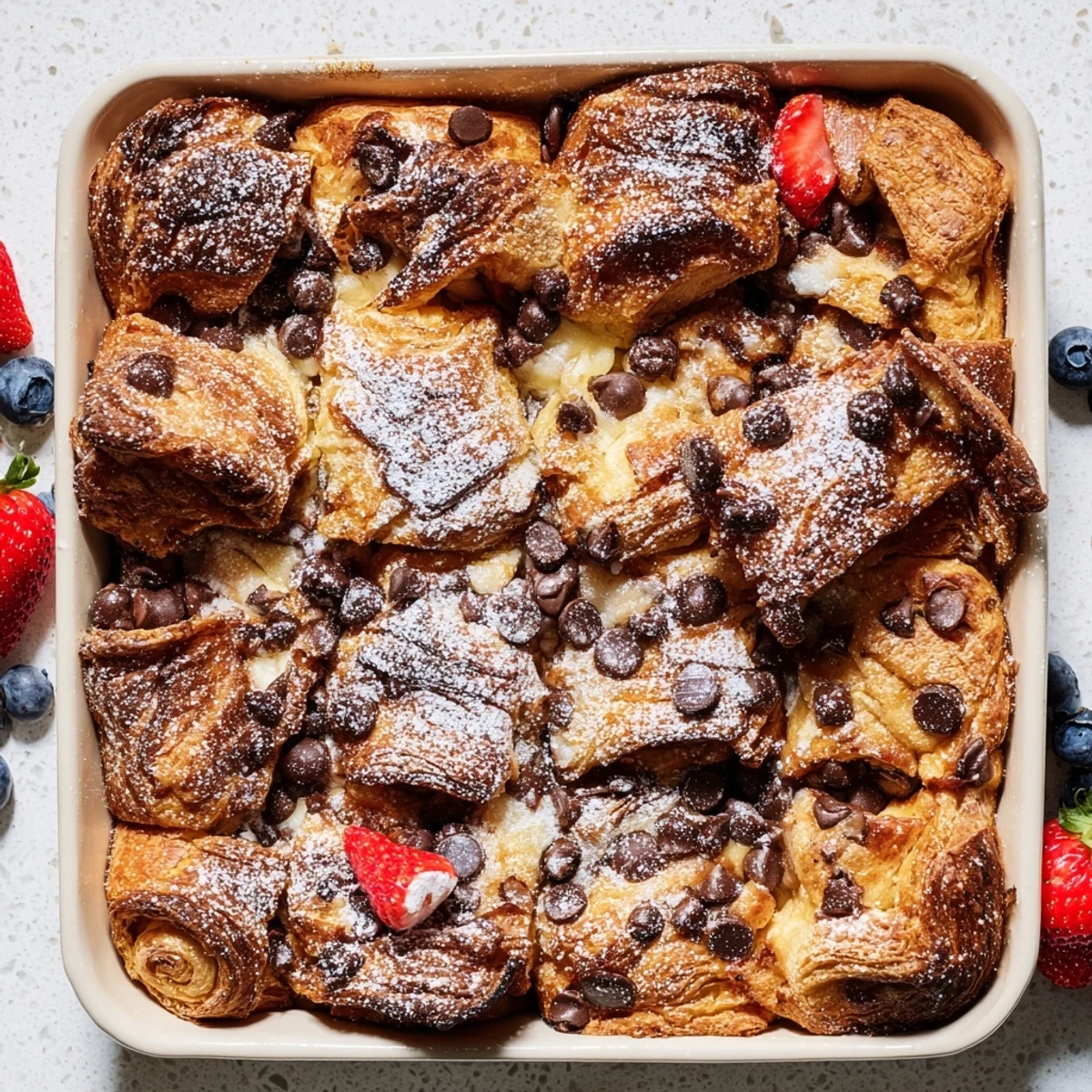 Buttery croissant pieces soaked in vanilla custard baked until golden with semi-sweet chocolate