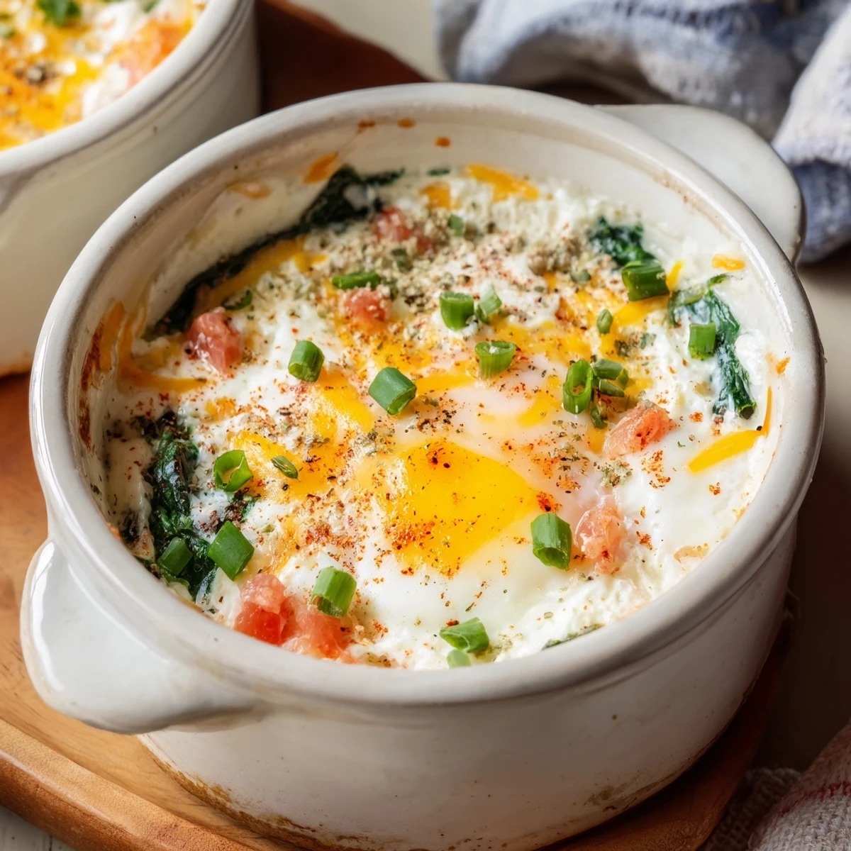 Creamy cottage cheese breakfast casserole with perfectly baked eggs and scallions