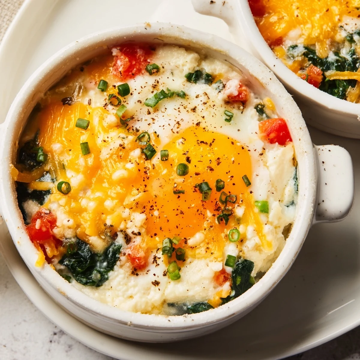 Protein-rich baked cottage cheese eggs sprinkled with paprika and cheddar cheese