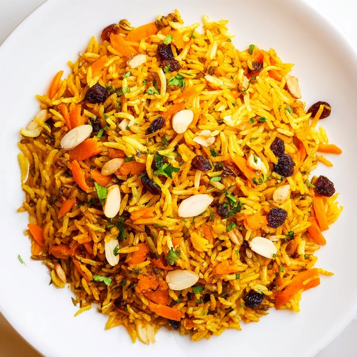 Golden Afghan rice topped with caramelized carrots, plump raisins, and fresh herbs