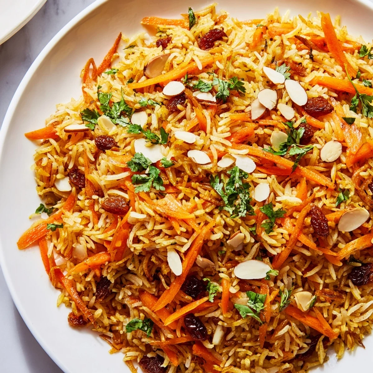 Fragrant Afghan rice steamed with warm spices and garnished with toasted almonds