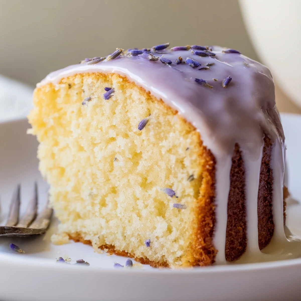 A slice of lavender cake with lemon glaze drizzled on top, served on a white plate