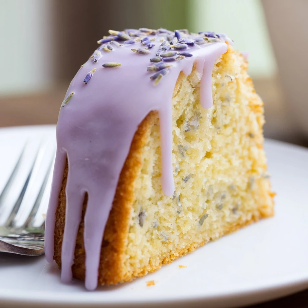 Soft lavender cake topped with sweet citrus glaze and sprinkled with purple lavender buds