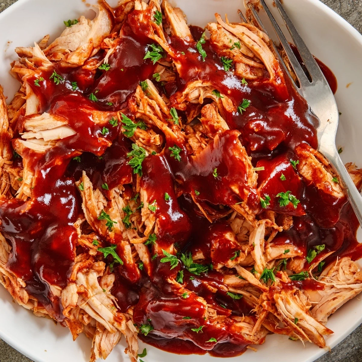 Tender Sweet Baby Ray's crockpot chicken glistening with sticky barbecue sauce on a white plate
