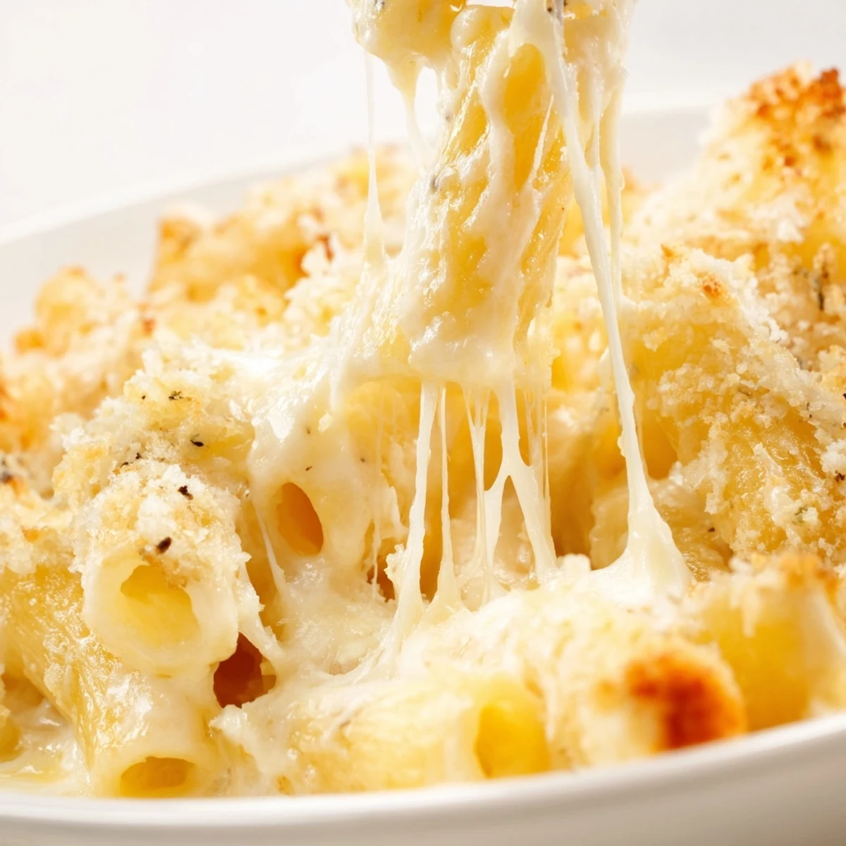 Golden bubbling three cheese baked macaroni with crispy panko topping fresh from the oven
