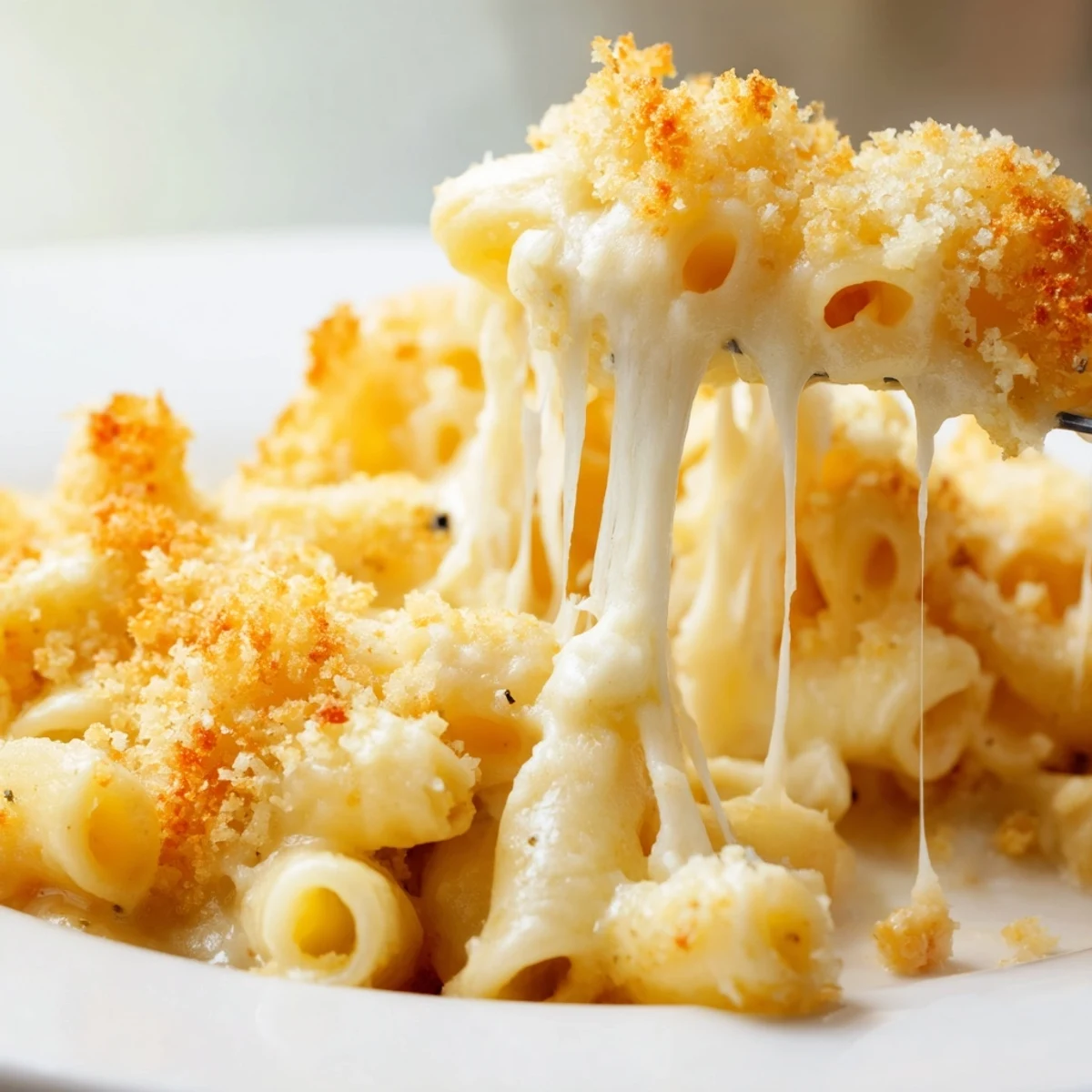 Creamy three cheese baked macaroni in a white ceramic dish with melted mozzarella strings