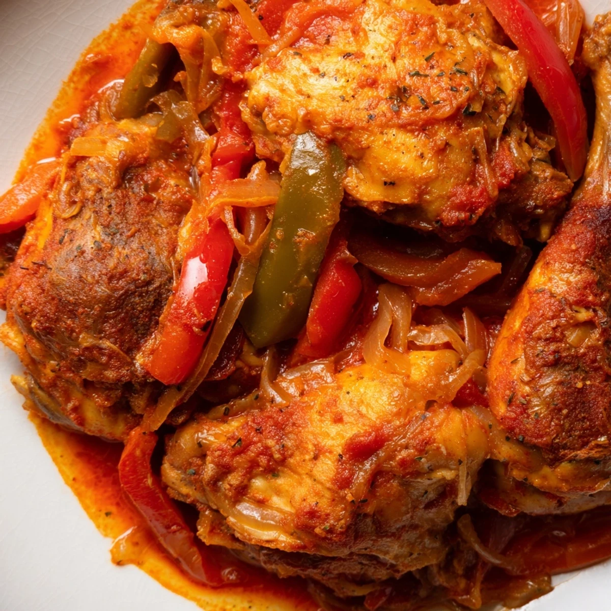 Senegalese chicken simmered in rich tomato sauce with colorful bell peppers