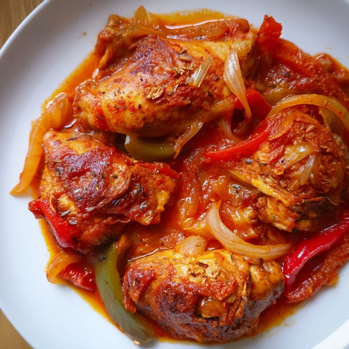 Golden brown Senegalese chicken pieces nestled in aromatic spiced onion gravy