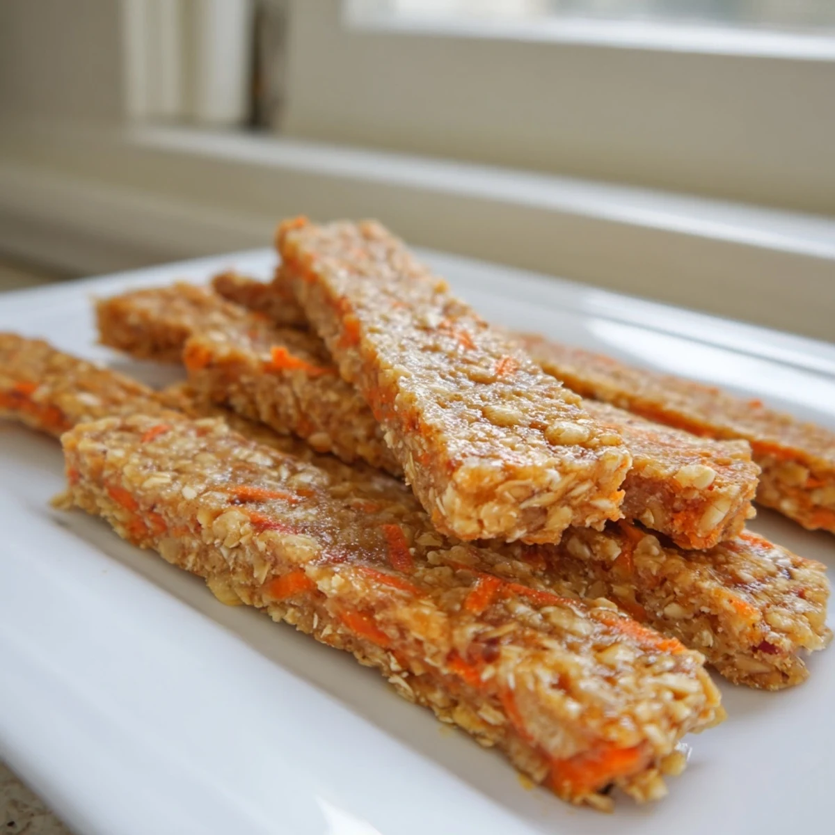 Golden baked carrot and apple dog chew sticks arranged on parchment paper for homemade treats