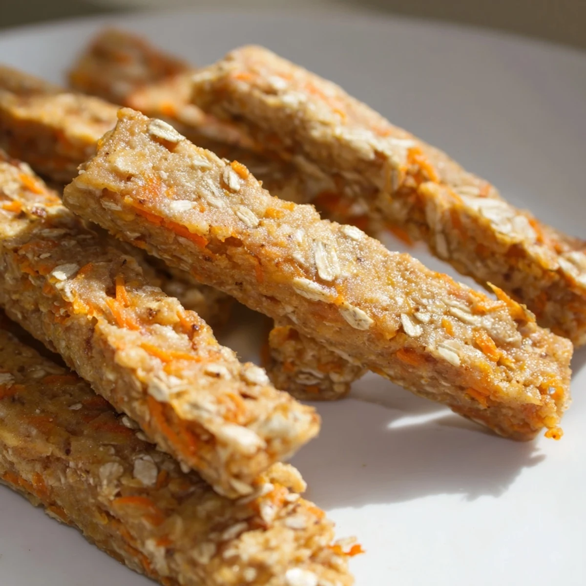 Crunchy homemade apple carrot dog treats shaped into sticks and fresh from the oven