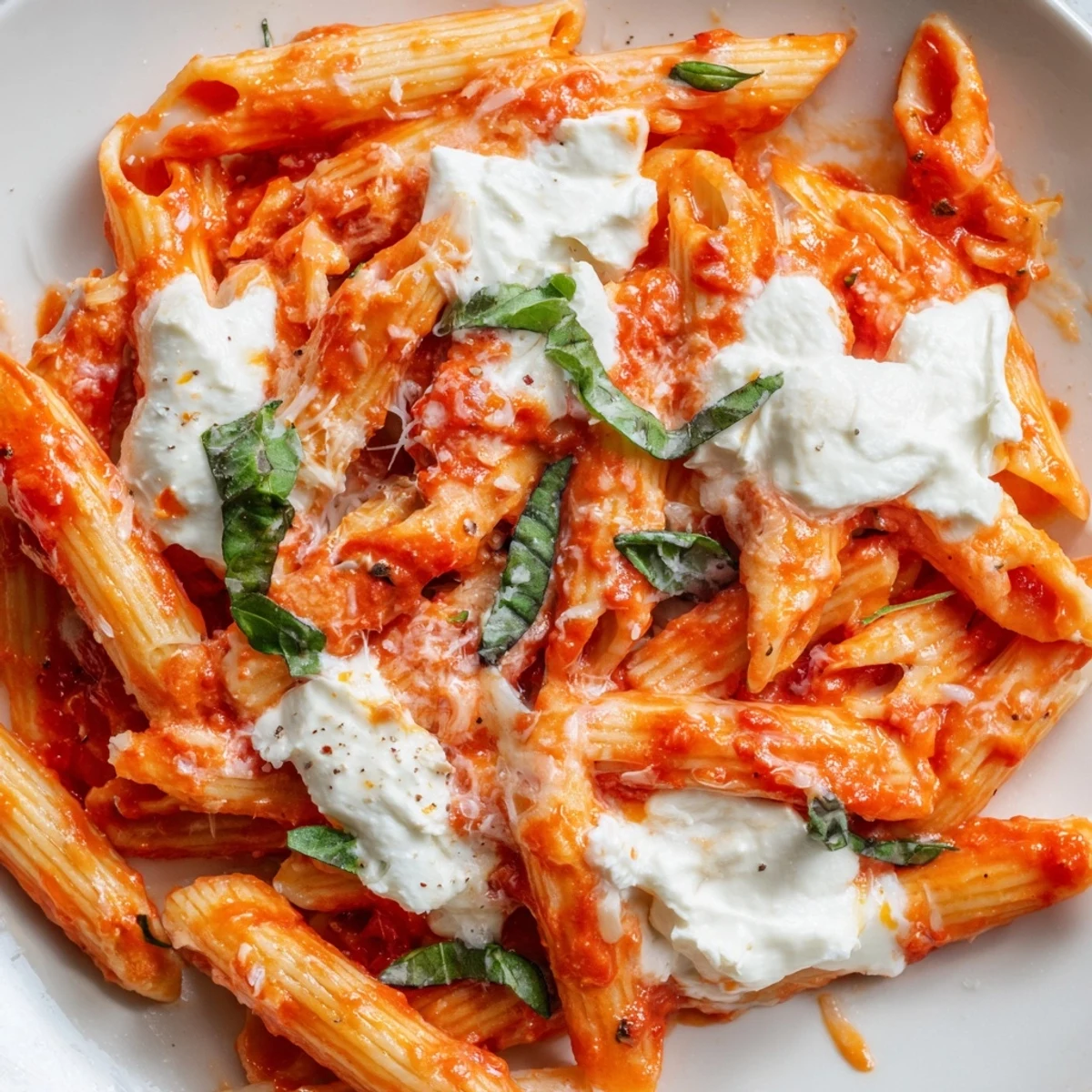 Creamy tomato garlic ricotta penne topped with fresh basil and Parmesan shavings on a white plate