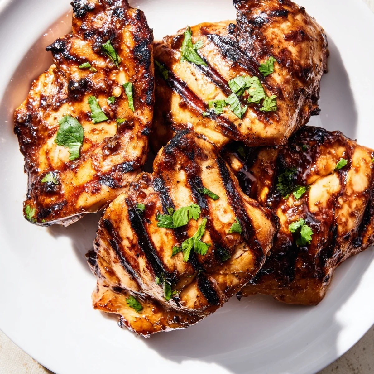 Golden Grilled Vietnamese Chicken with visible char marks and fresh cilantro garnish on a white plate