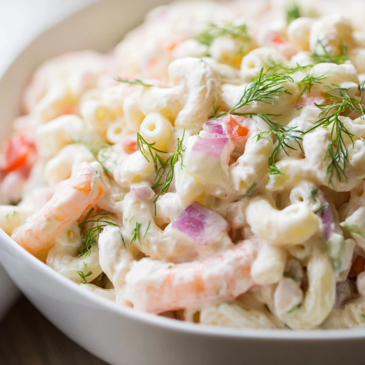 Chilled shrimp macaroni salad topped with fresh dill on a sunny patio table