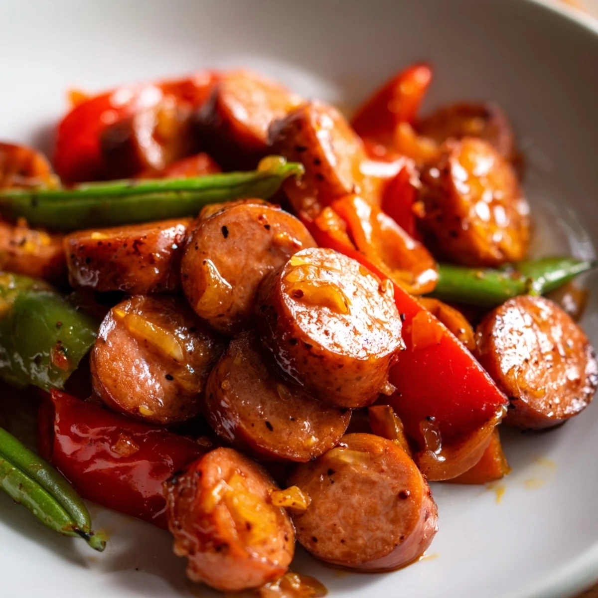 Honey Garlic Kielbasa Veggies in a cast iron skillet with glossy caramelized vegetables and sausage slices