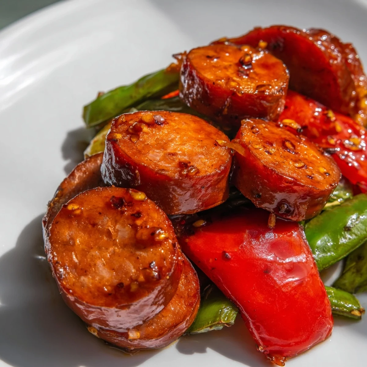 Colorful bell peppers and zucchini tossed with smoky sausage in sticky Honey Garlic Kielbasa Veggies