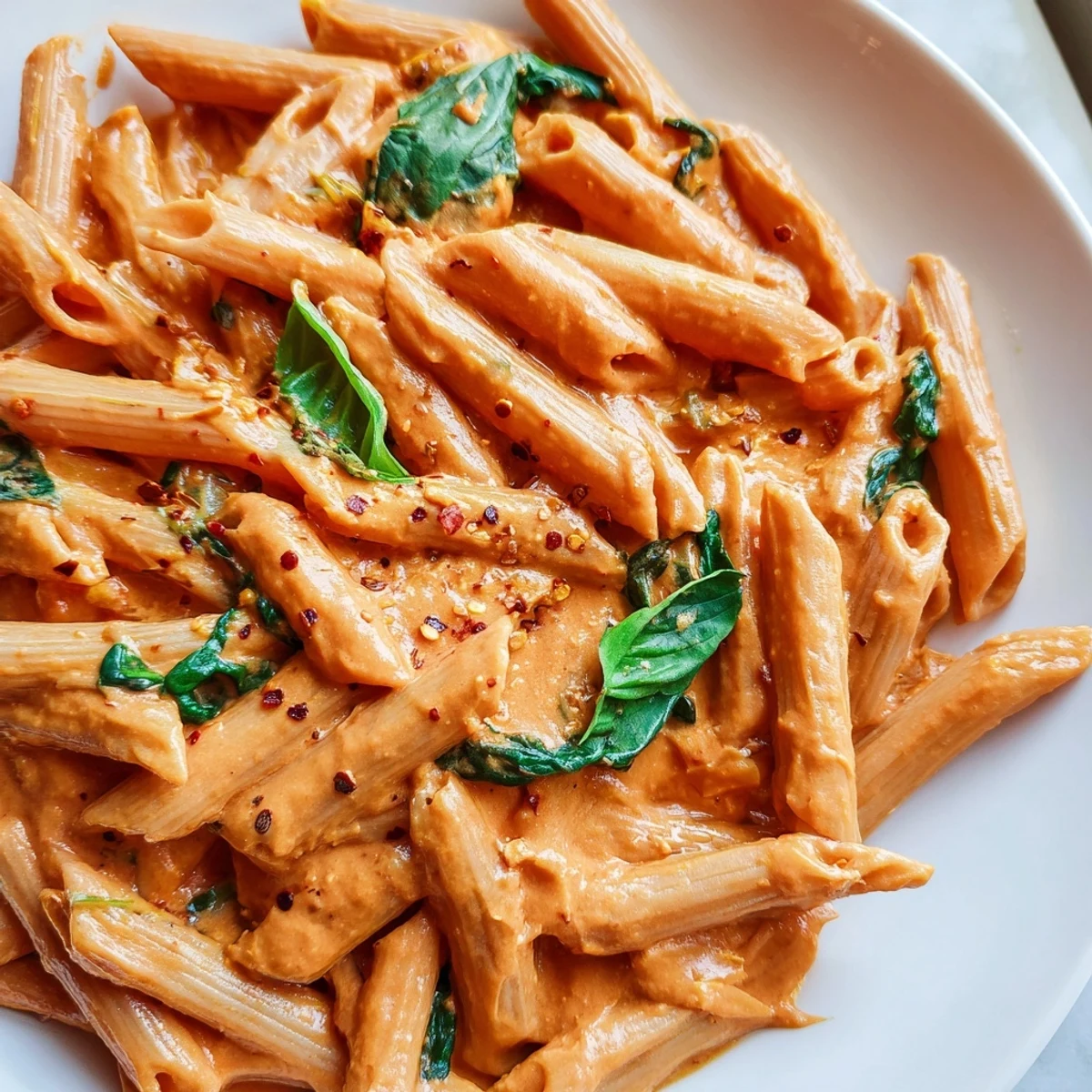 Creamy sun dried tomato vegan pasta in a smooth orange-red sauce with fresh basil garnish