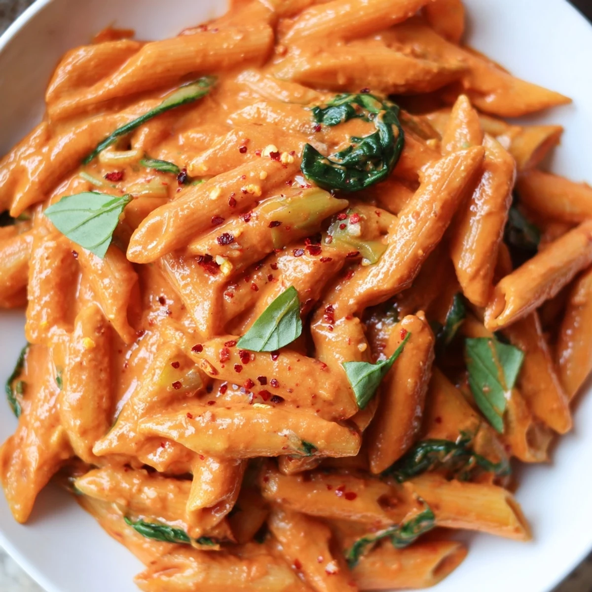 Tender penne coated in creamy sun dried tomato vegan pasta sauce with wilted spinach leaves