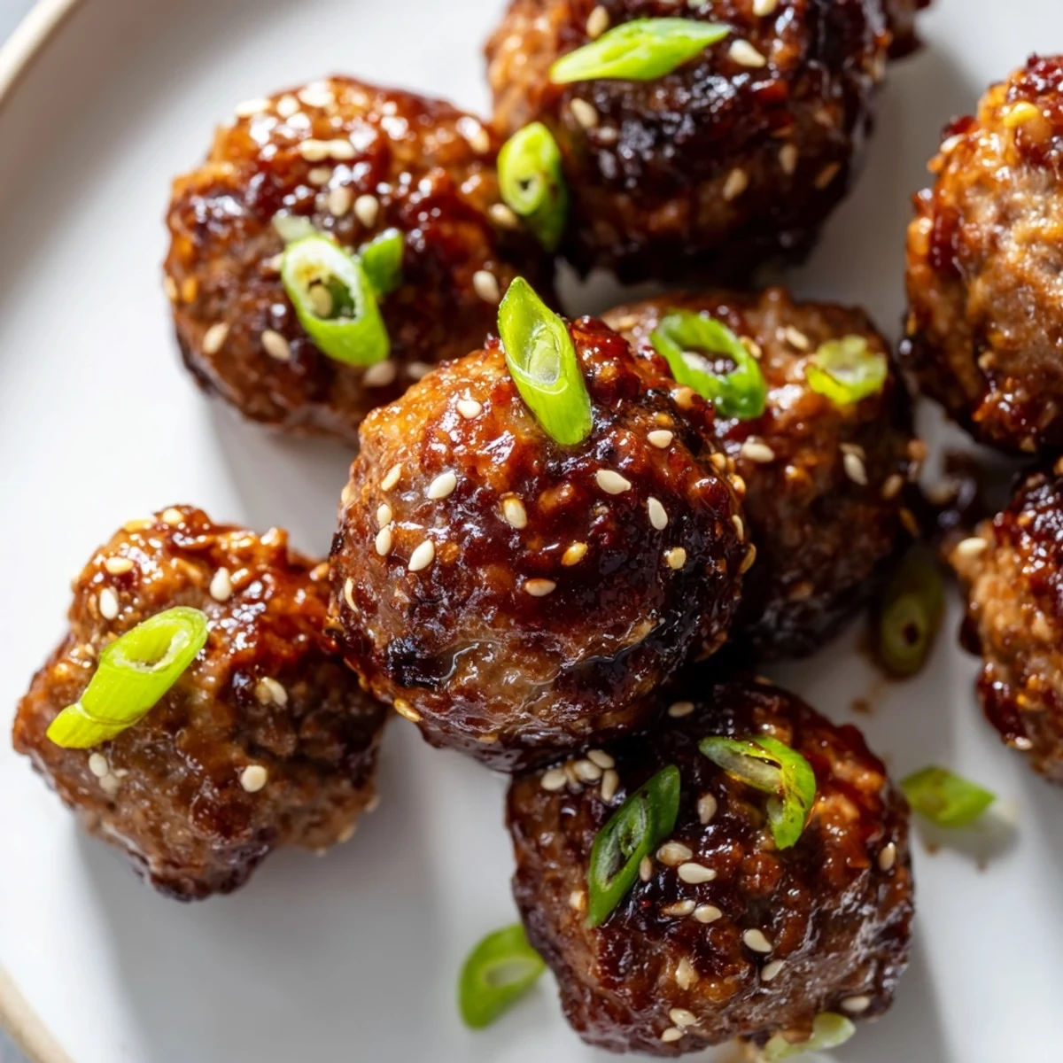 Golden brown Korean BBQ meatballs garnished with sesame seeds and green onions on a platter