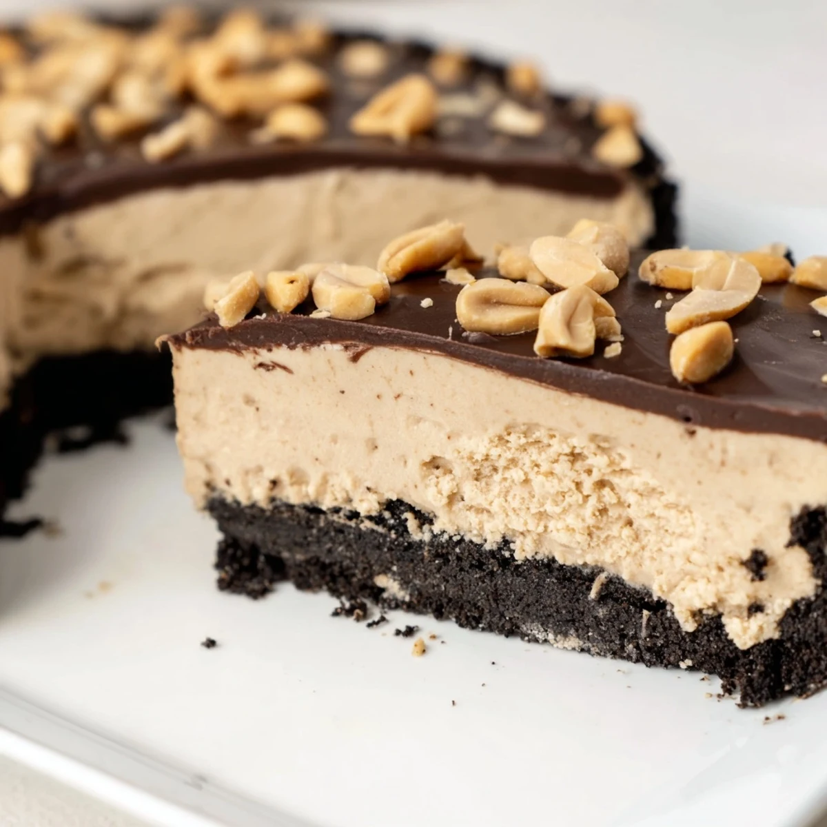 Creamy no bake peanut butter pie slice with chocolate ganache drizzle on a white plate