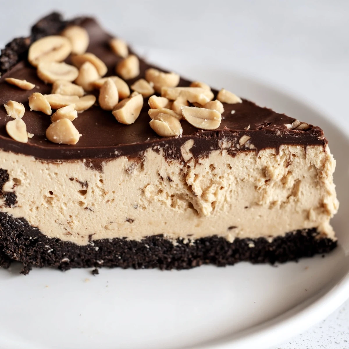 No bake peanut butter pie filling swirled in a dark chocolate cookie crust