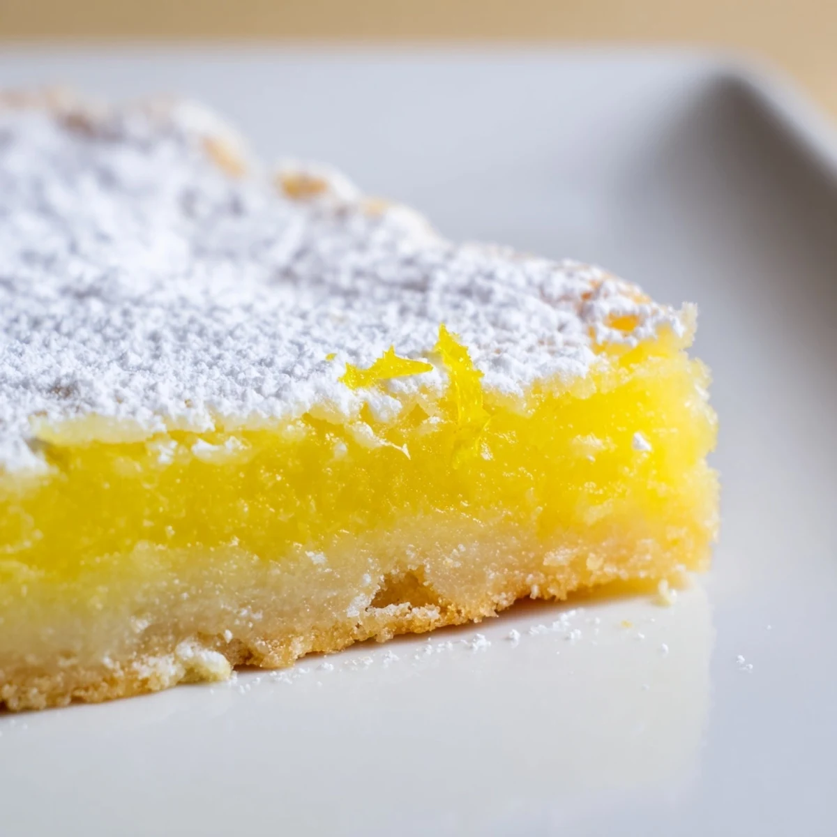 Golden lemon bars with powdered sugar dusting on a rustic white serving plate