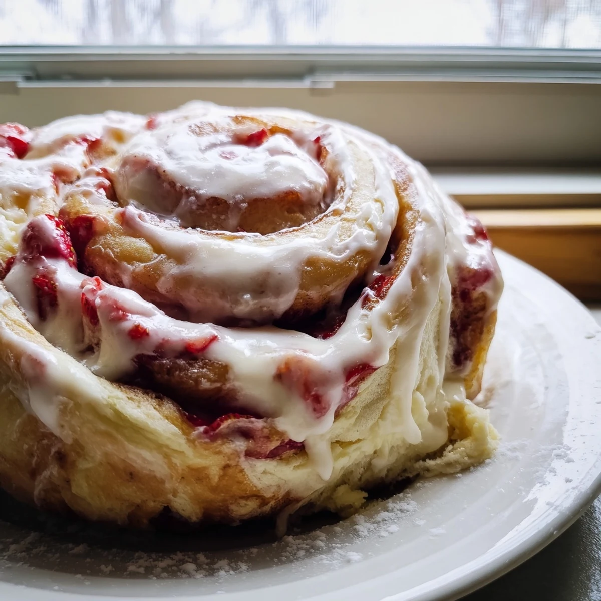 Golden strawberry cheesecake Cinnabon rolls drizzled with creamy vanilla glaze on a rustic plate