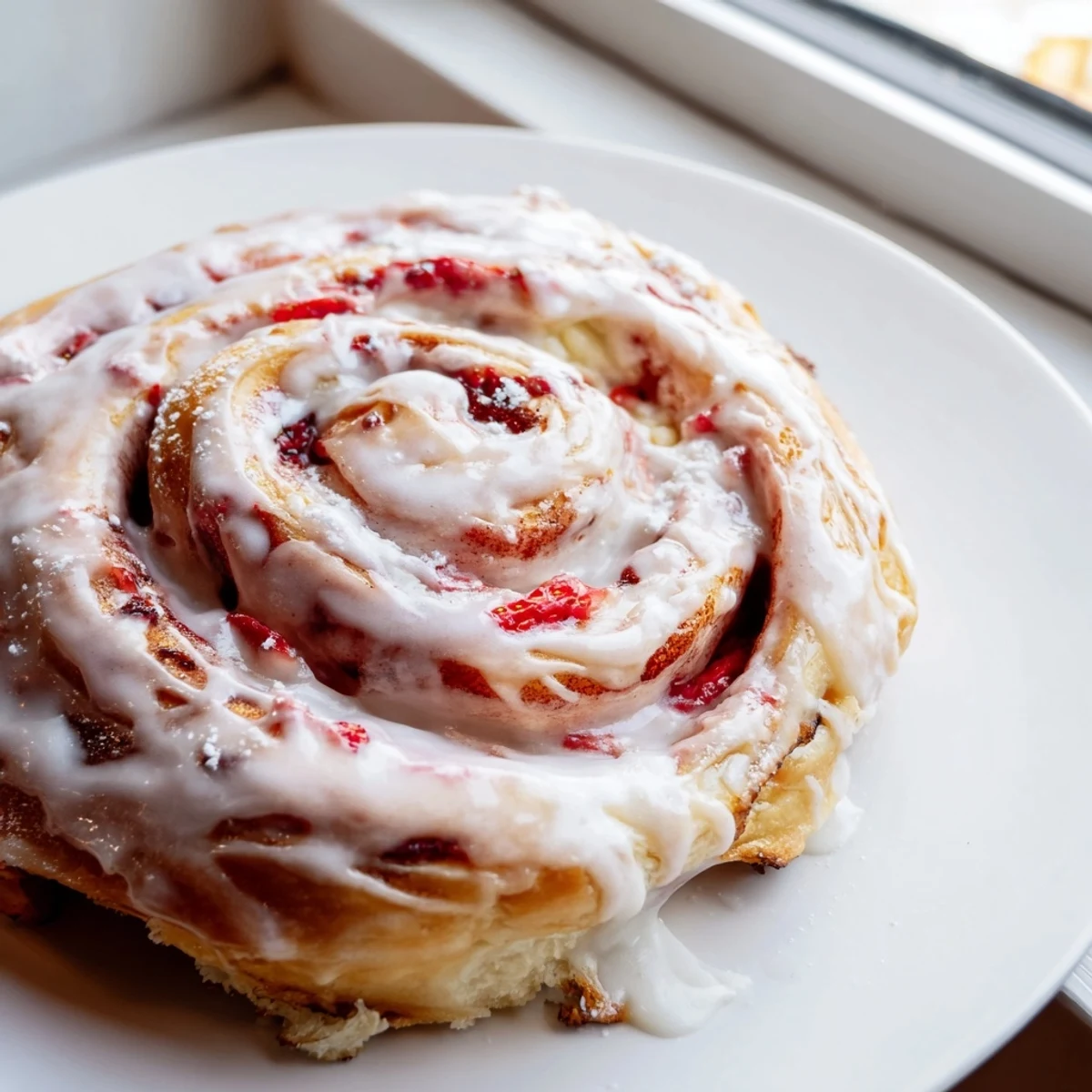 Warm strawberry cheesecake Cinnabon rolls pulled apart revealing gooey cinnamon swirled filling