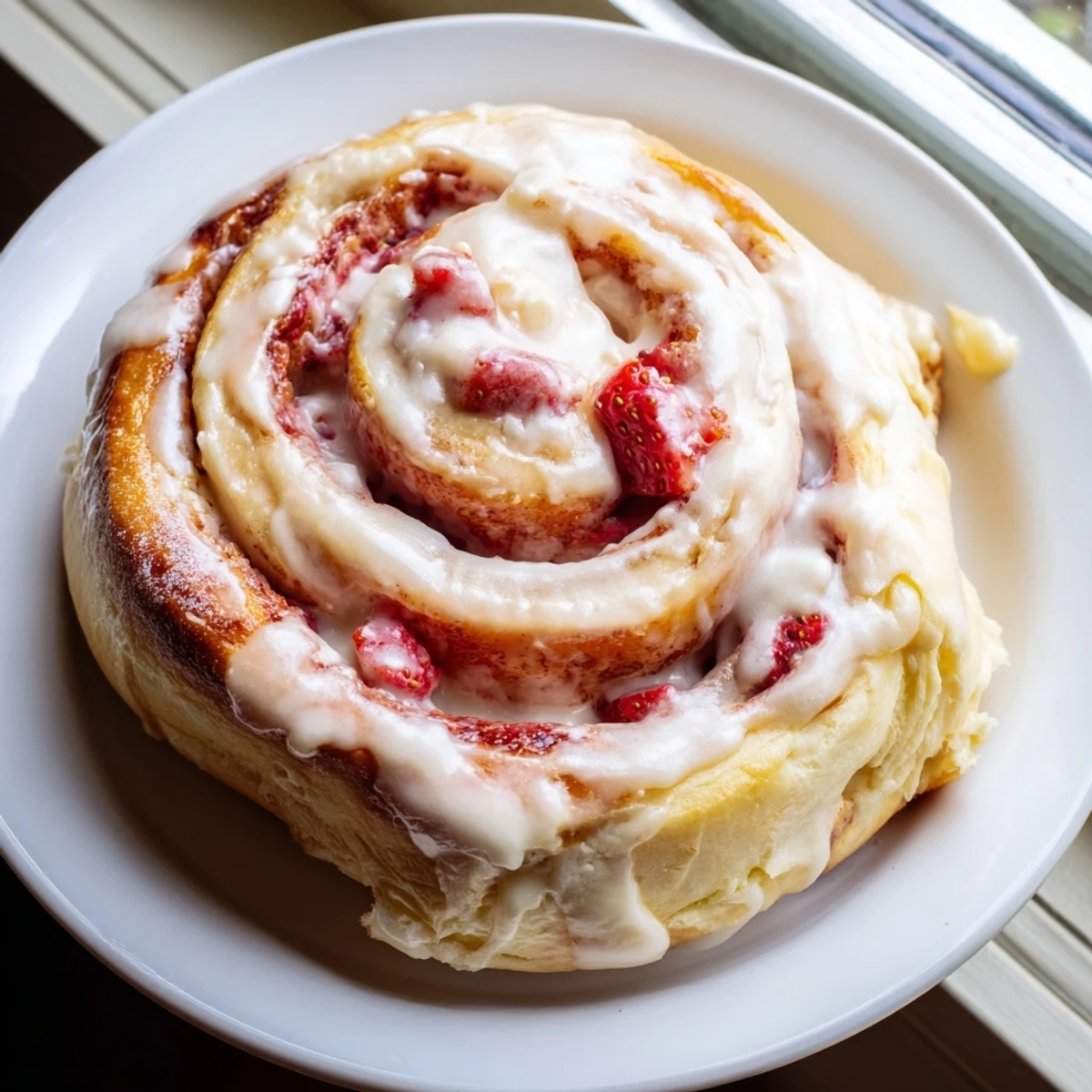Freshly baked strawberry cheesecake Cinnabon rolls topped with luscious vanilla icing and juicy strawberries