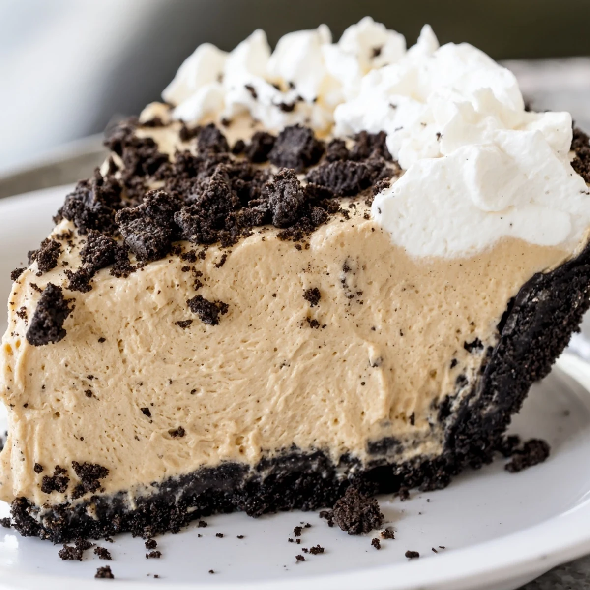 Golden Oreo crust holds rich peanut butter filling topped with billowy whipped cream