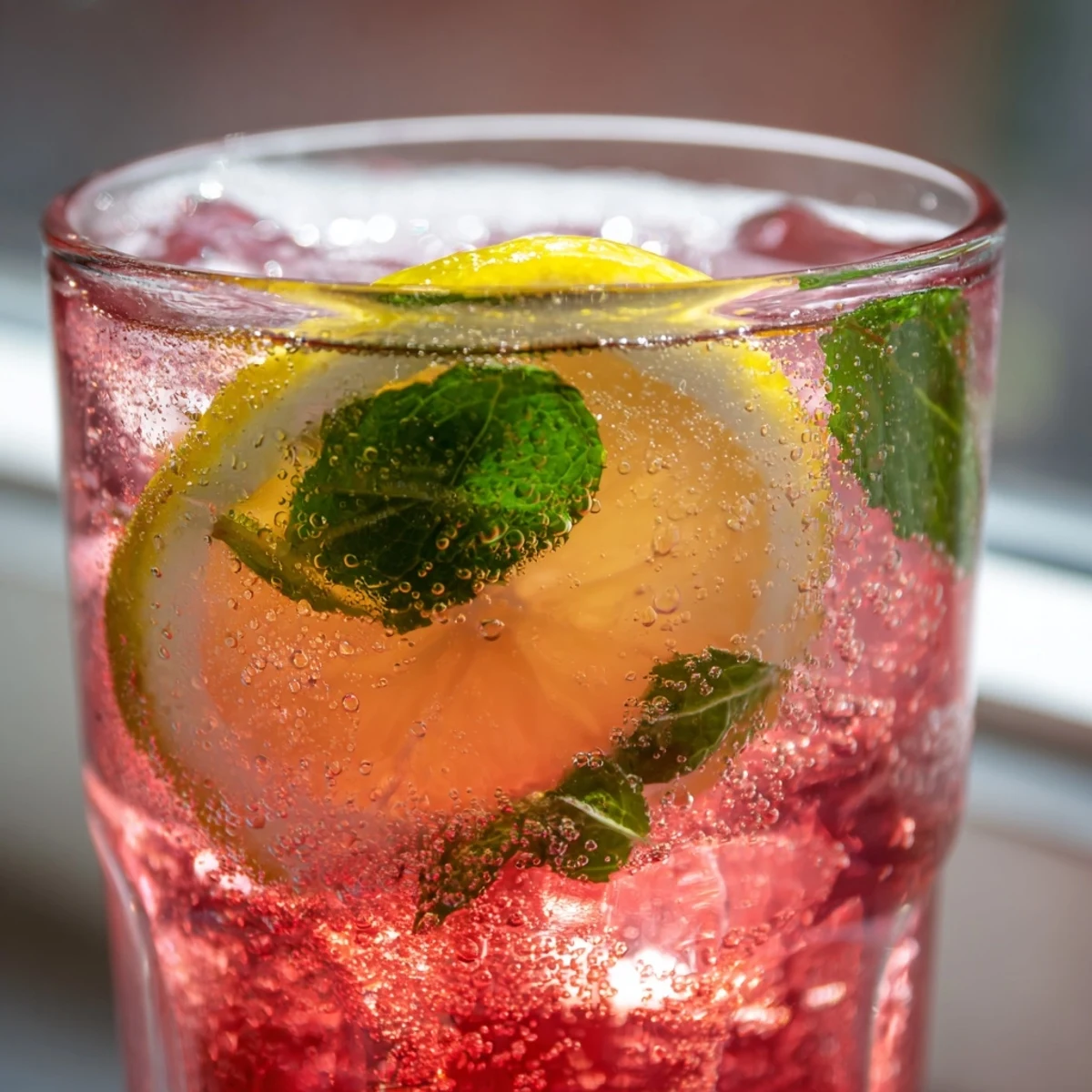 Refreshing honey lemon pink soda served over ice with fresh mint and lemon slices garnish