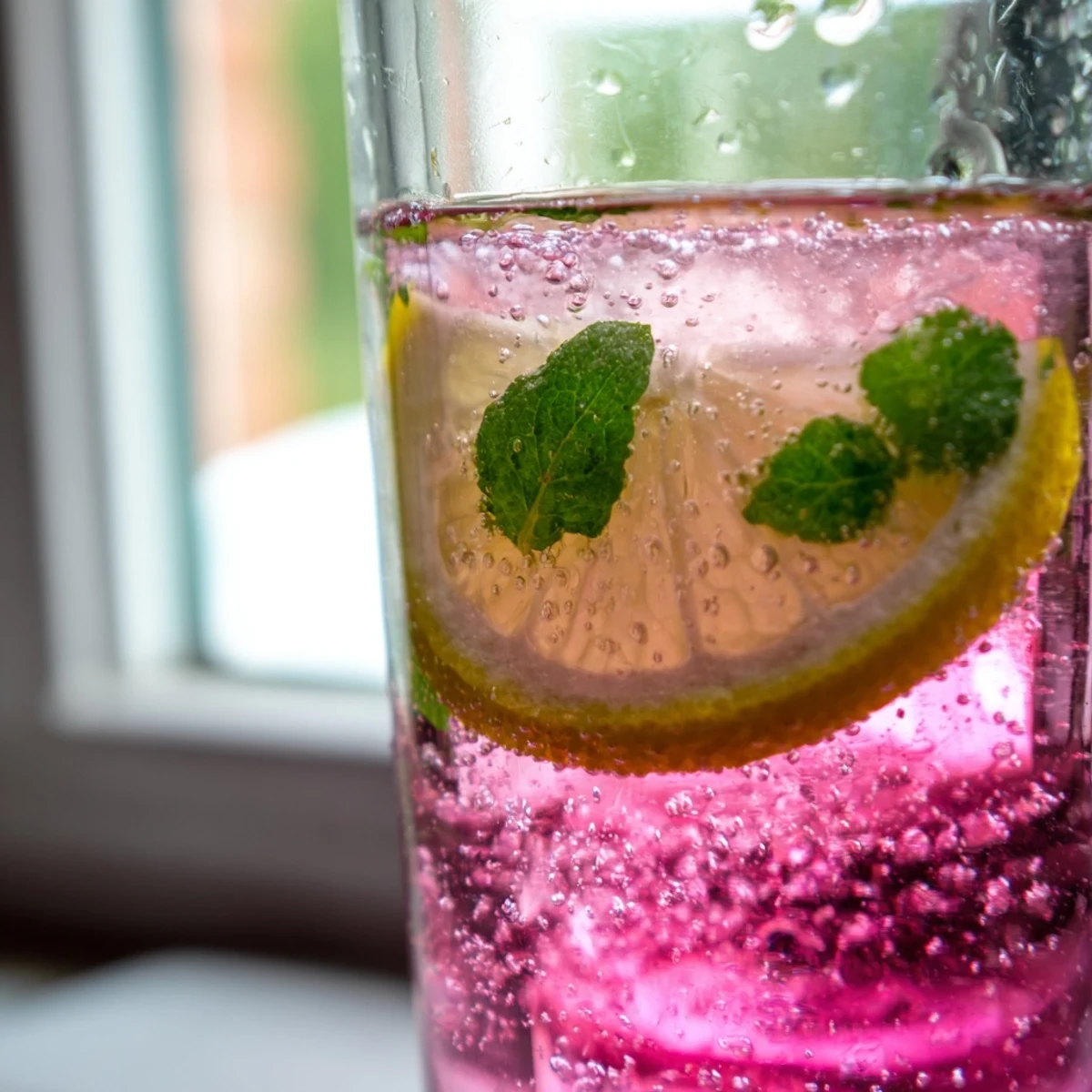 Bubbly honey lemon pink soda in tall glasses with ice and bright citrus wedges