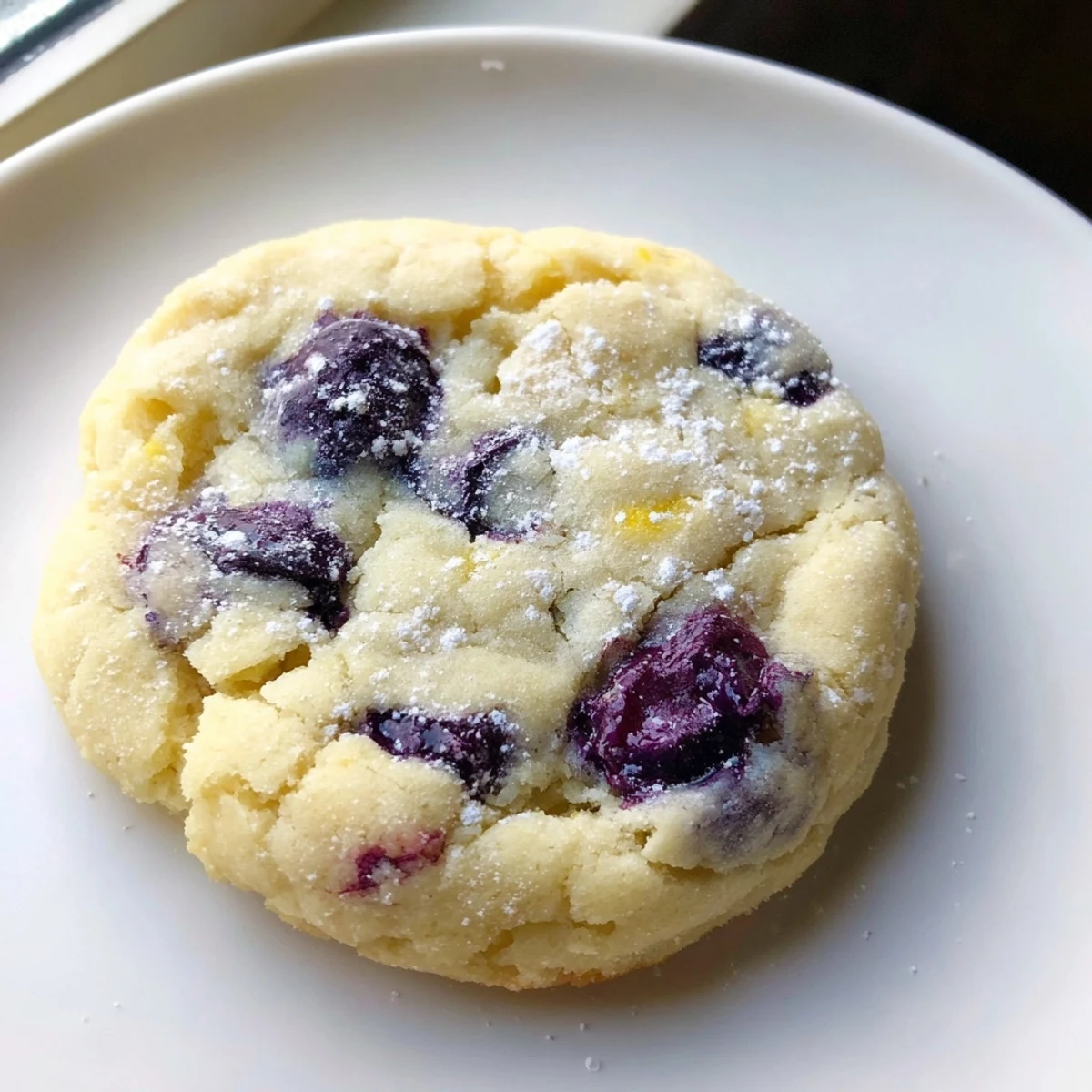 Soft lemon blueberry cheesecake cookies with golden edges and creamy centers on a rustic baking sheet.